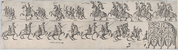 Plate depicting Pompeo Colonna, from a series of twelve showing knights and their attendants dressed for a tournament (plate 6)