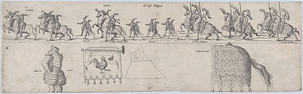 Plate depicting Signore Bolognesi, from a series of twelve showing knights and their attendants dressed for a tournament (plate 9)