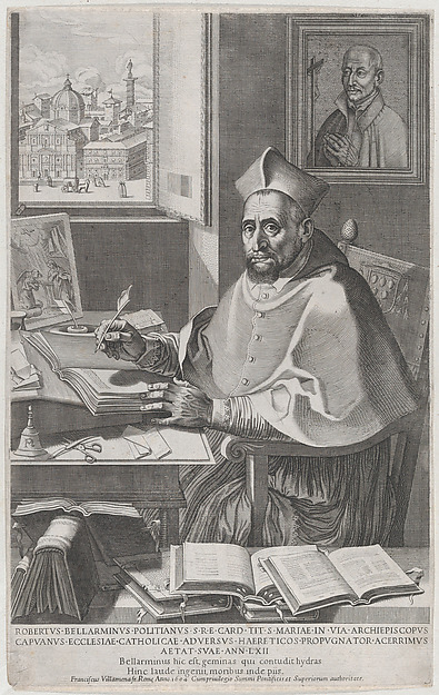 Cardinal Roberto Bellarmino at his desk, writing