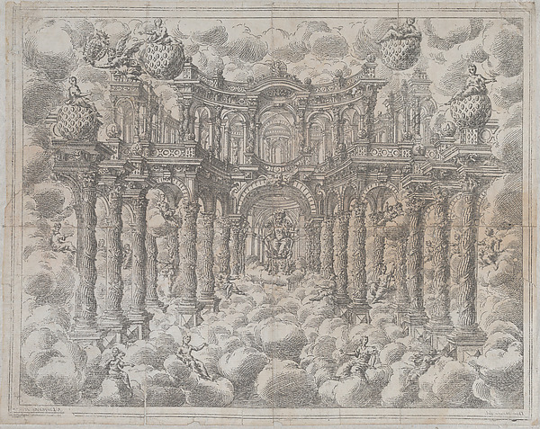 Plate 2 [counterproof]: Stage set with allegorical figures seated among the clouds, with a large colonnade in the background; from Aurelio Aureli, 'Il Favore De Gli Dei'