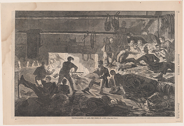 Winter Quarters in Camp – The Inside of a Hut (from "Harper's Weekly," Vol. VII)