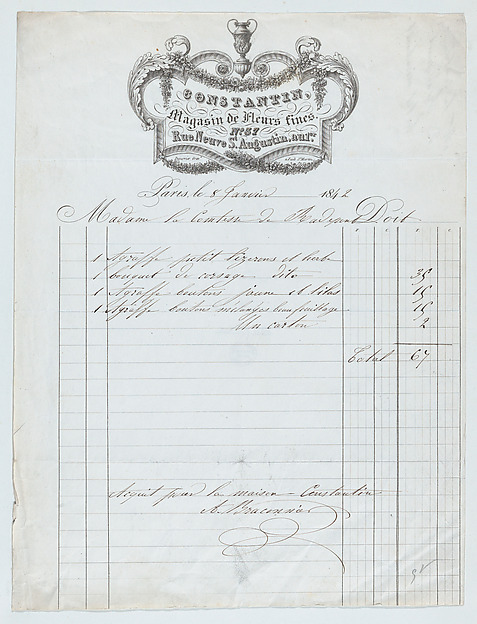 Invoice from Constantin Magasin de Fleurs fines, Paris, for plants and flowers