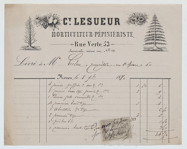 Invoice from Ct. Lesueur, horticulture-nursery, Rouen, for fruit trees