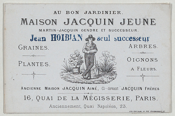 Trade card for Maison Jacquin Jeune, garden supplier, Paris