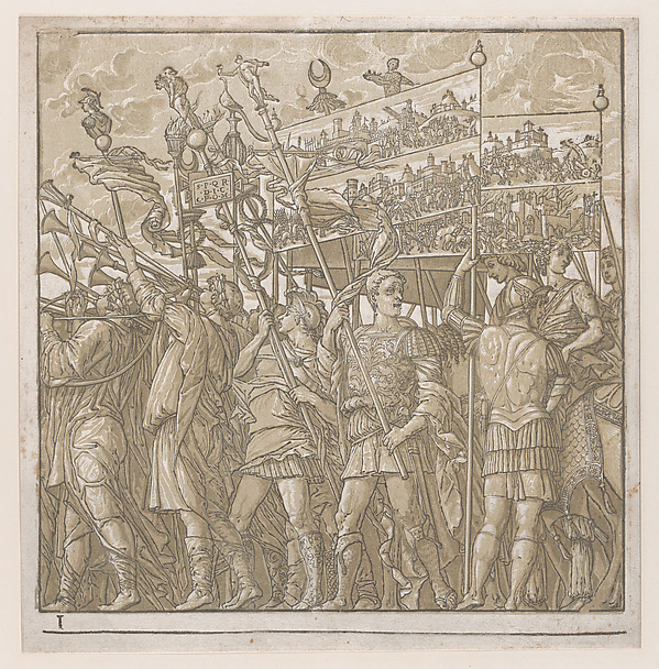 Sheet 1: Soldiers carrying banners depicting Julius Caesar's triumphant military exploits, from "The Triumph of Julius Caesar"