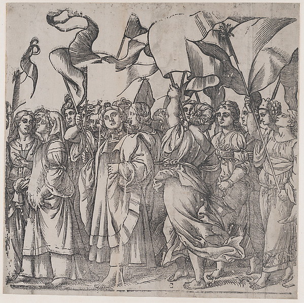 Section C: female martyrs and saints holding banners, from "The Triumph of Christ" by Andrea Andreani