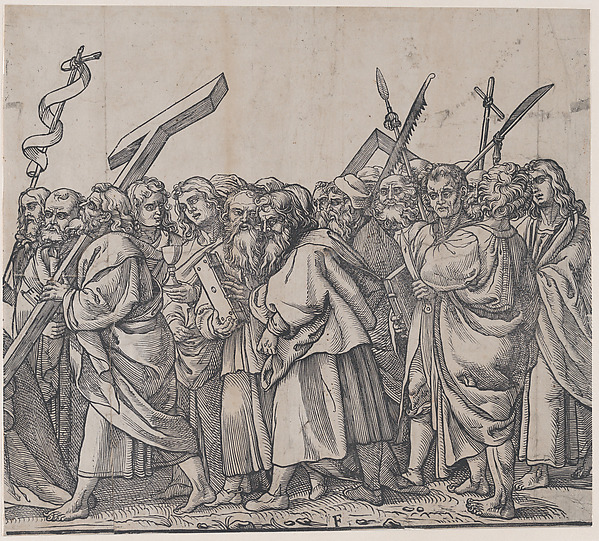 Section F: Saints holding crosses, books, and weapons, from "The Triumph of Christ" by Andrea Andreani
