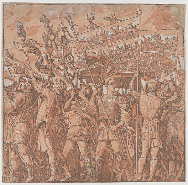 Sheet 1: Roman soldiers carrying banners depicting the triumphant victories of Julius Caesar, from "The Triumph of Julius Caesar"