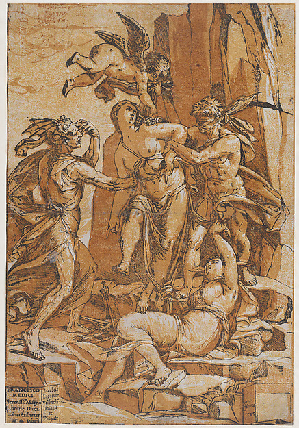 Virtue as a young woman in the centre of four figures representing love, error, ignorance and opinion