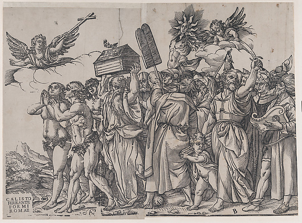 Section A: an angel holding a cross at upper left, Adam and Eve below, from "The Triumph of Christ"