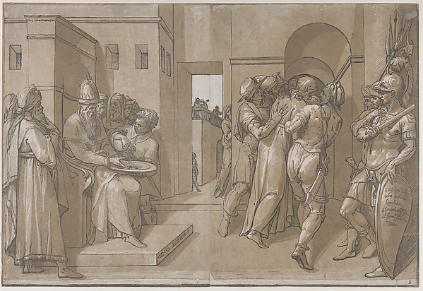 Christ is being led away, soldiers stand at the right (right side of sheet) by Andrea Andreani