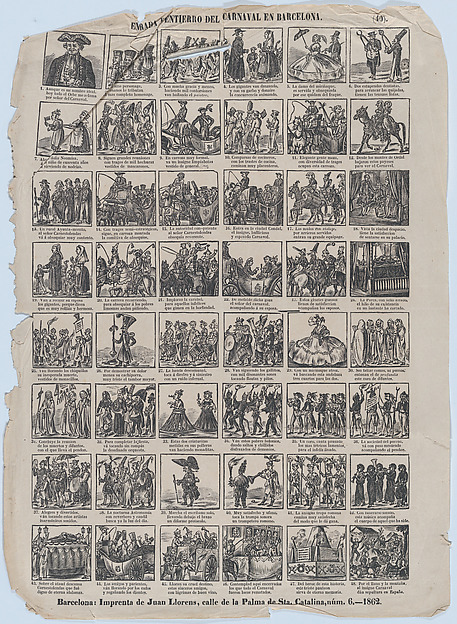 Broadside with 48 scenes relating to the carnival in Barcelona