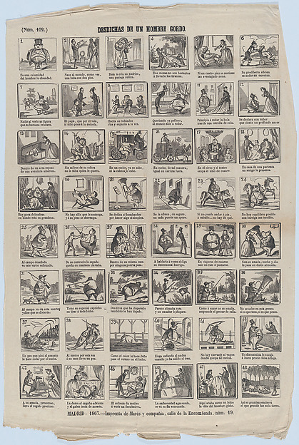 Broadside with 48 scenes illusrating  the misfortunes of a fat man