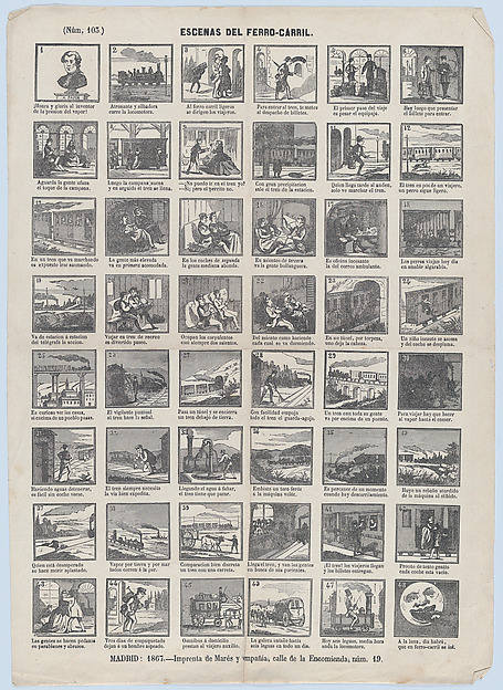Broadside with 48 scenes of trains and their passengers etc
