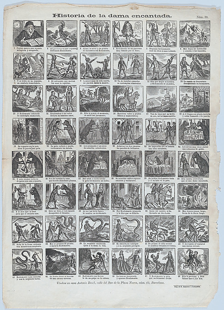 Broadside with 48 scenes relating to the story of the enchanted lady (Dama encantada)