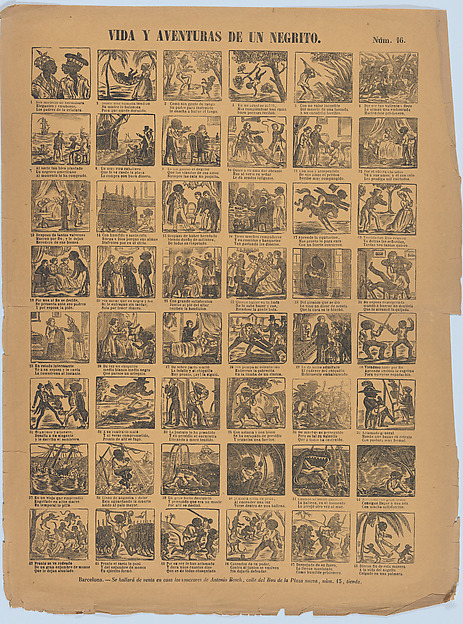 Broadside with 48 scenes relating to the life and adventures of a black man (negrito)