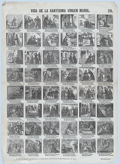 Broadside with 48 scenes of the life of the Virgin by José Noguera