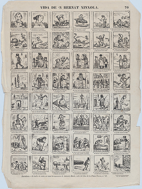 Broadside with 48 scenes relating to the life Bernat Xinxola