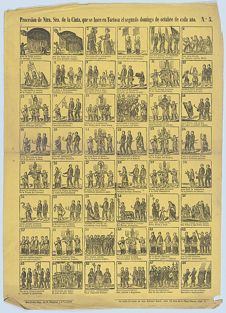 Broadside with 48 scenes relating to the procession of Our Lady of Cinta (Tortosa)