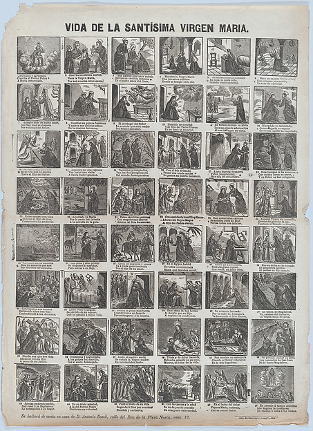 Broadside with 48 scenes of the life of the Virgin by José Noguera