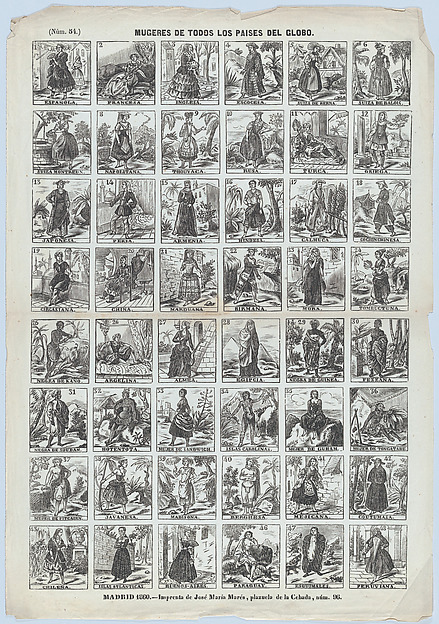 Broadside with 48 scenes showing different women of the world