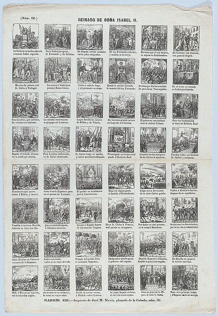 Broadside with 48 scenes relating to the reign of Queen Isabel II