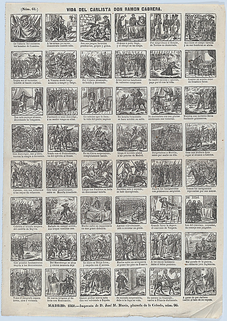 Broadside with 48 scenes relating to life of the Carlist general of Spain, Ramon Cabrera y Griñó