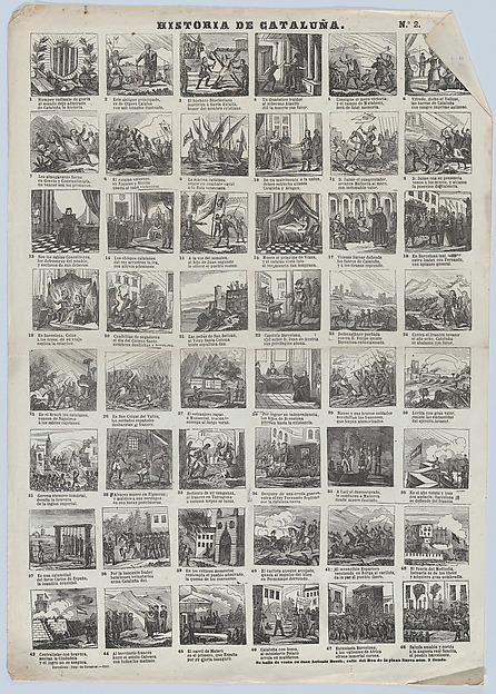 Broadside with 48 scenes representing the history of Catalonia