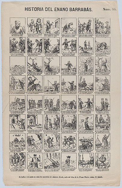 Broadside with 48 scenes depicting the story of the Dwarf Barrabás