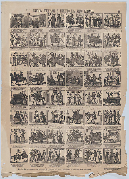 Broadside with 48 scenes depicting the triumphal entry and burial and entry of the new carnival