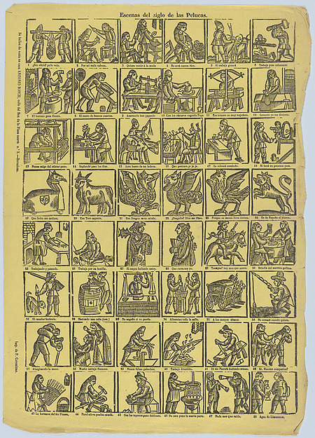 Broadside with 48 scenes from the 'century of the wigs'