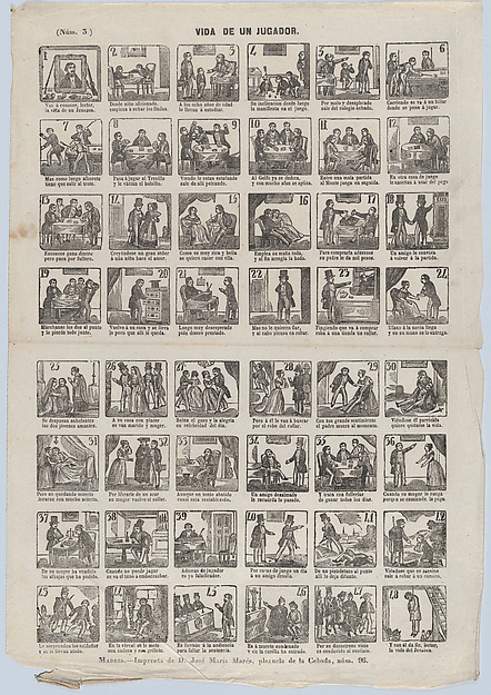 Broadside with 48 scenes depicting the life of a charlatan (player)