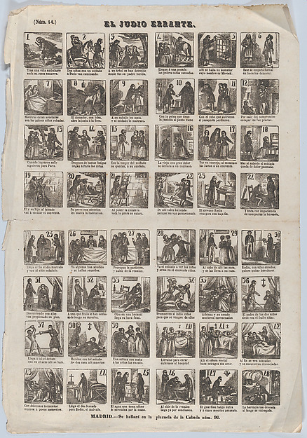 Broadside with 48 scenes relating to the errant Jew