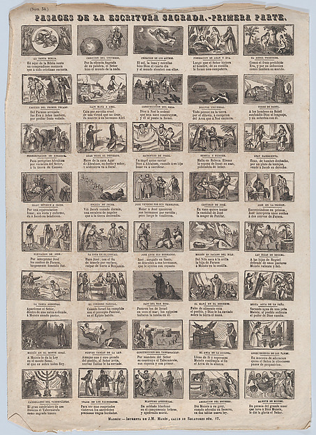 Broadside with 48 scenes illustrating passages of holy scripture (Part I) by José María Marés