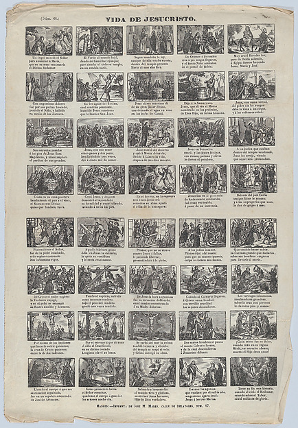 Broadside with 48 scenes illustrating the life of Christ by José María Marés