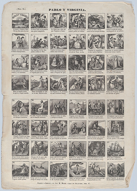 Broadside with 48 scenes relating to the live of Pablo and Virginia