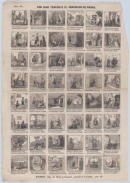 Broadside with 48 scenes relating to Don Juan Tenorio or the Stone Guest
