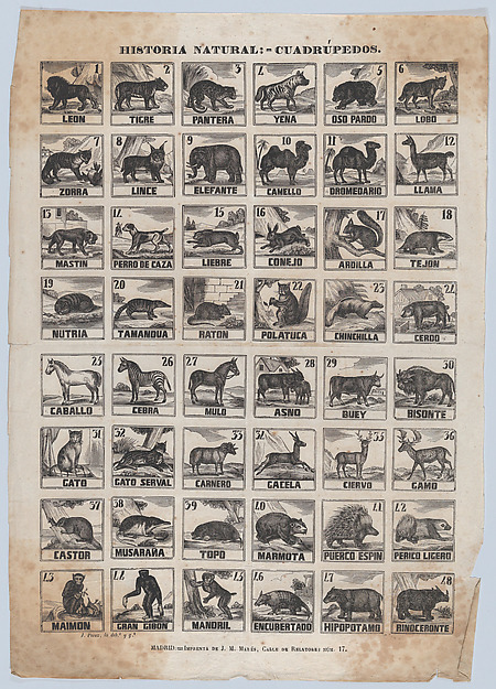 Broadside with 48 scenes of quadrupeds (animals)
