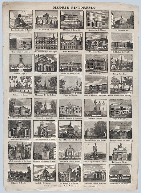Broadside with 40 scenes of picturesque buildings and locations in Madrid