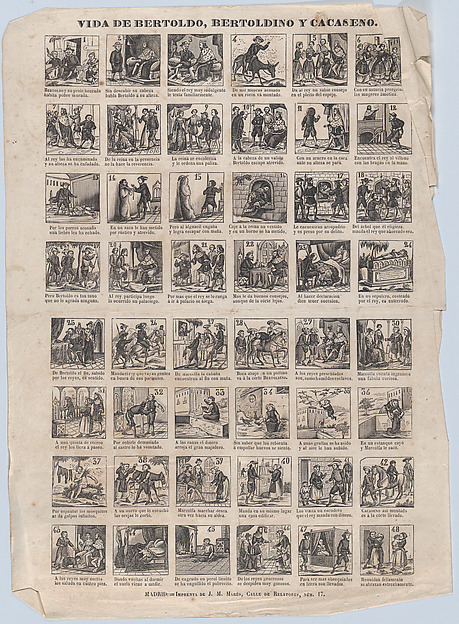 Broadside with 48 scenes from the lives of Bertoldo, Bertoldino and Cacaseno