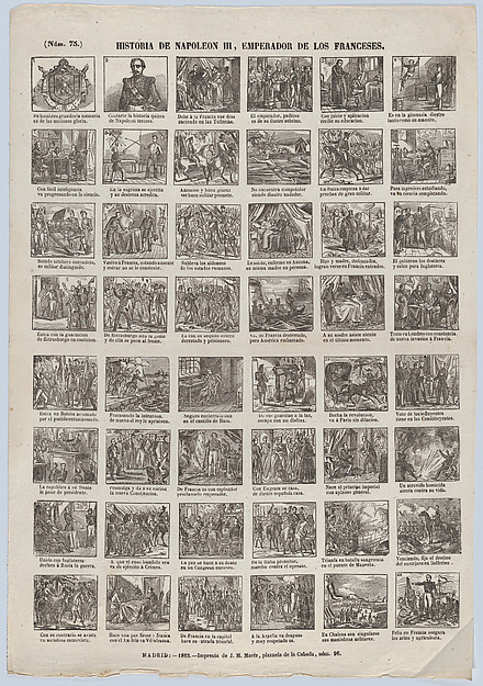 Broadside with 48 scenes depicting episodes from the life of Napoleon II