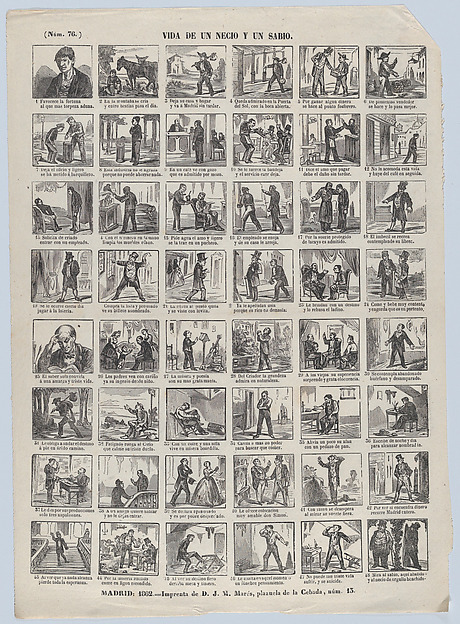 Broadside with 48 scenes depicting scenes from the life of a fool and wise man