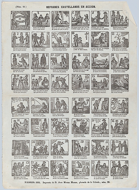 Broadside with 48 scenes depicting Spanish refrains (colloquial sayings) in action