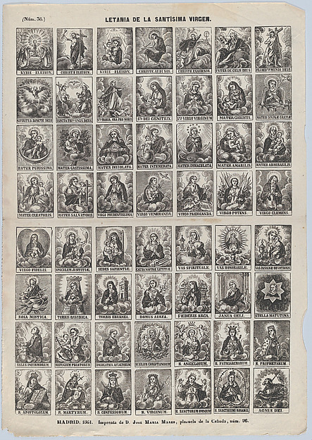 Broadside with 48 scenes relating to the litany of Holy Virgin by José María Marés