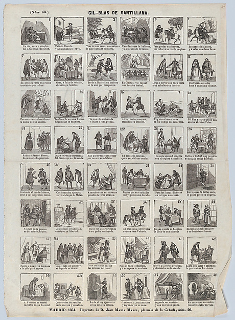 Broadside with 48 scenes showing the adventures of Gil-Blas de Santillana