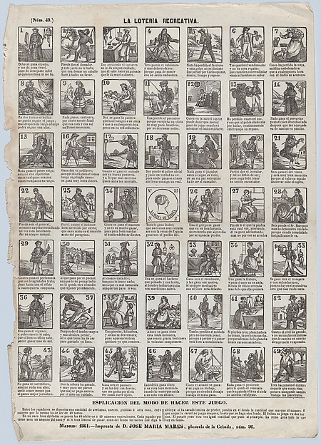 Broadside with 48 scenes for a game of recreational lottery