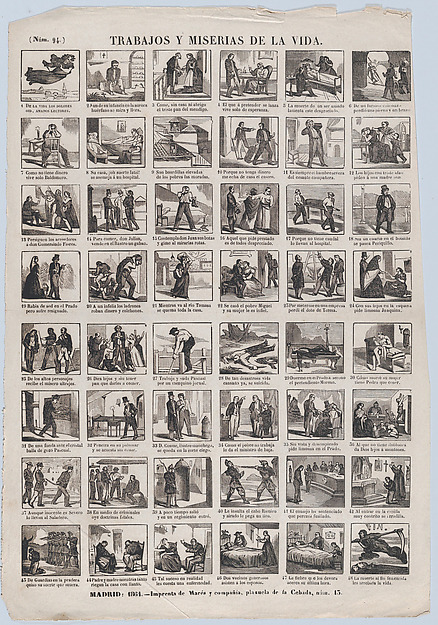 Broadside with 48 scenes depicting the trials and tribulations of life