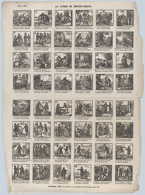 Broadside with 48 scenes relating the story of the Count on Montecristo