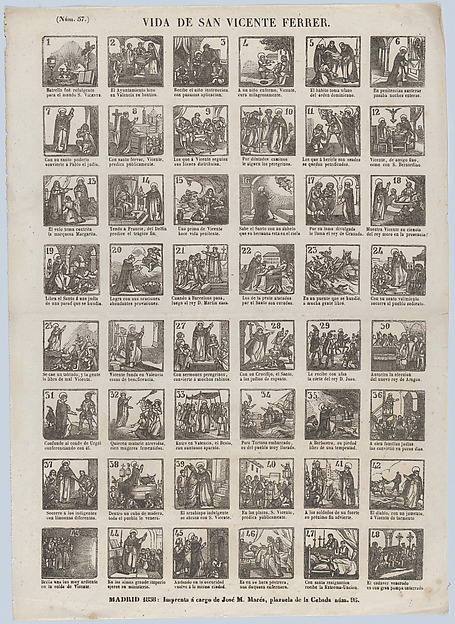 Broadside with 48 scenes relating to the life of St Vincent Ferrer