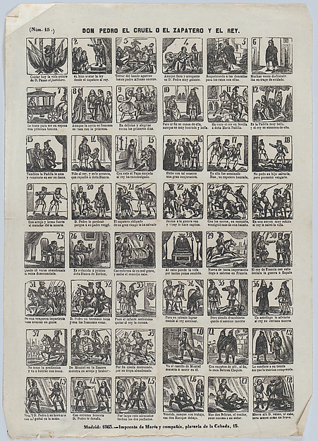 Broadside with 48 scenes depicting the story of Don Pedro the Cruel, or, the Shoemaker and the king
